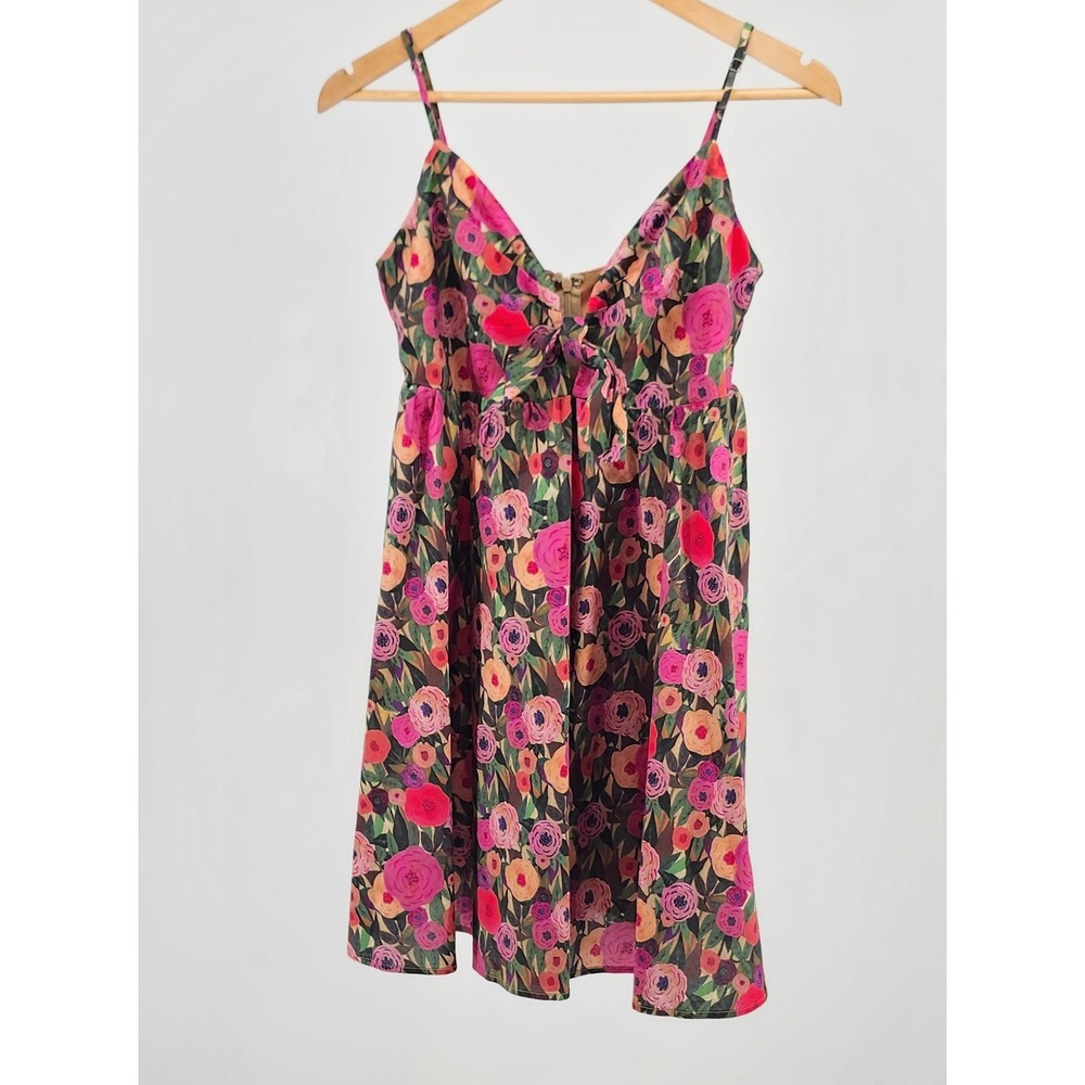 Aakaa Floral Mini Dress Pink Orange Rose Print V-Neck Tie Front Babydoll Large